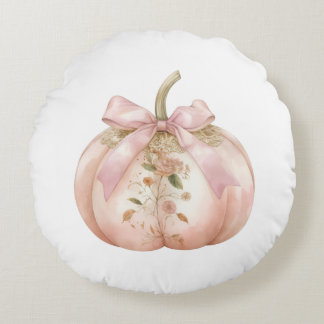 Shabby Chic Pink Floral Pumpkin Coquette Autumn Round Cushion