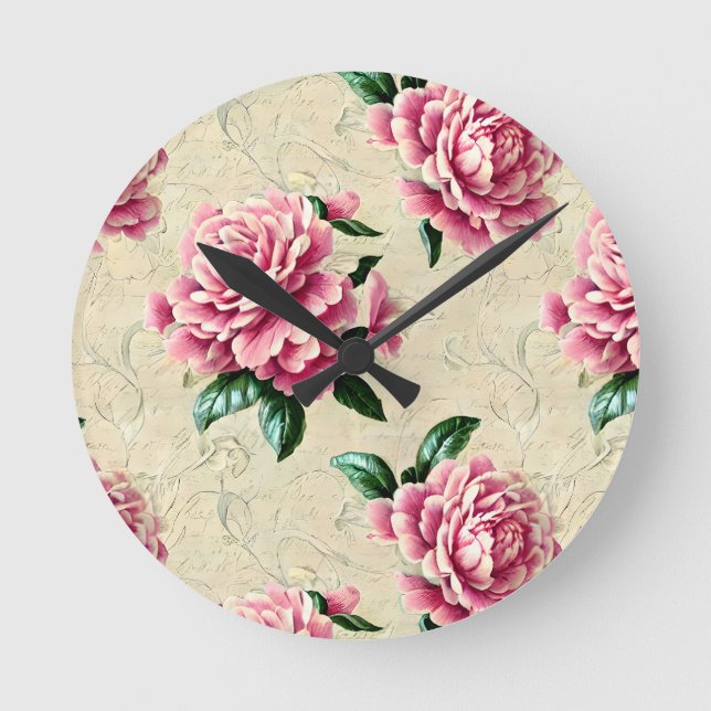 Shabby Chic Pink Gardenias Round Clock (Front)