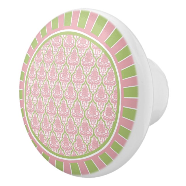 Shabby Chic Pink & Green Damask Ceramic Knob (Right)