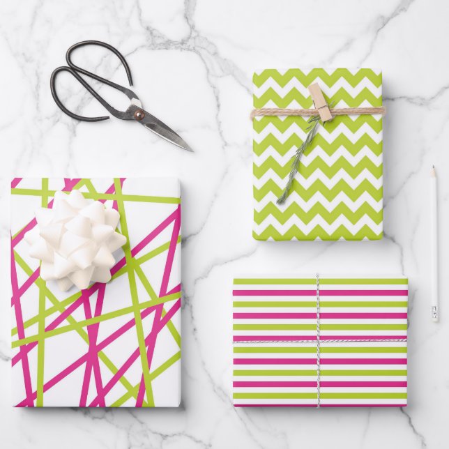 Shabby Chic Pink & Green Matching Patterns Wrapping Paper Sheet (Front)