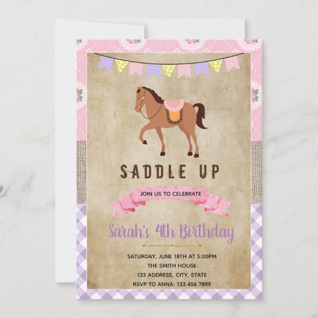 Shabby chic pink horse party invite (Front)