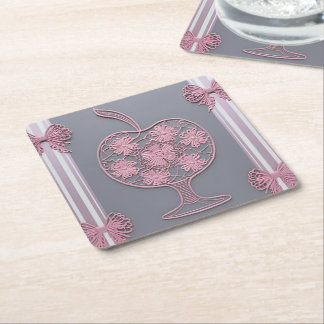 Shabby Chic Pink Lace Apple Floral Vintage Gray Square Paper Coaster