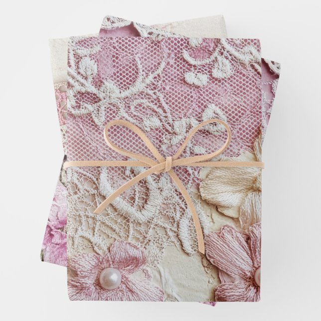 Shabby Chic Pink Lace  Wrapping Paper Sheet (In situ)