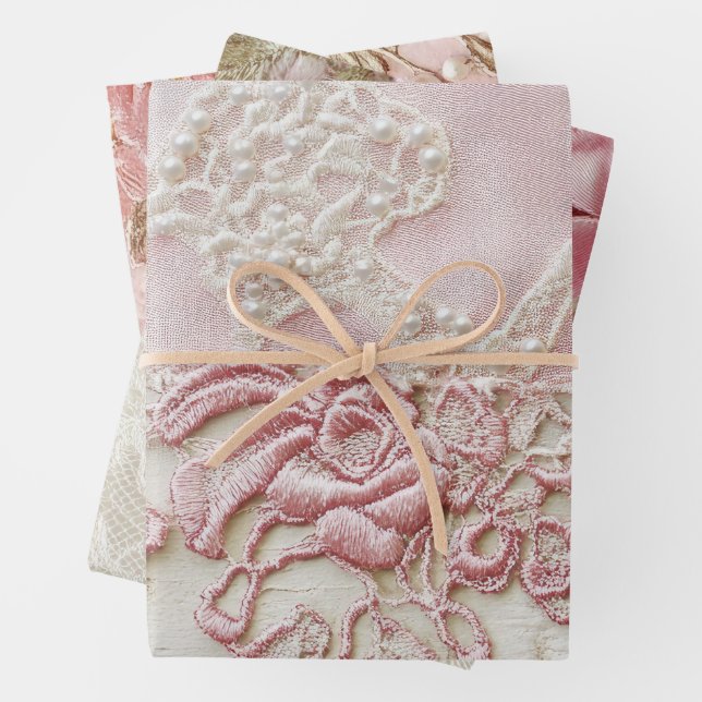 Shabby Chic Pink Lace  Wrapping Paper Sheet (In situ)