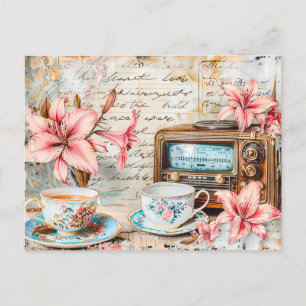 Shabby chic Pink Lily with Antique Radio Receiver Postcard