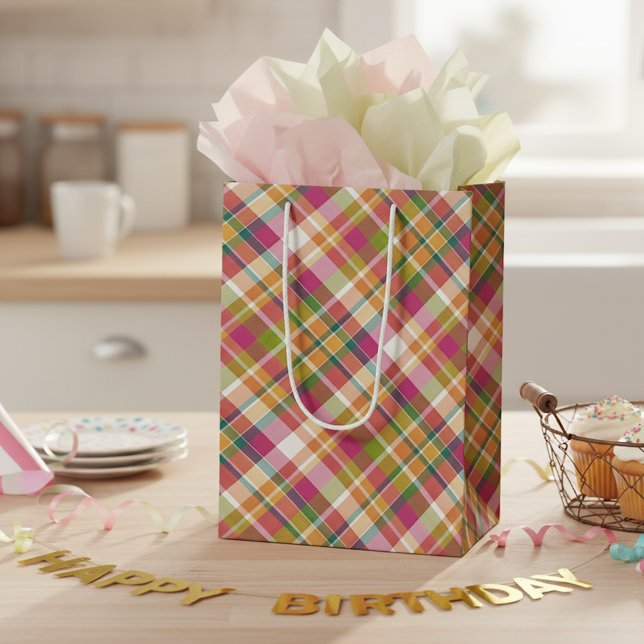 Shabby Chic Pink Orange Green White Gingham Medium Gift Bag (Creator Uploaded)