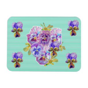 Shabby Chic Pink Pansy Floral Aqua Stripe Magnet