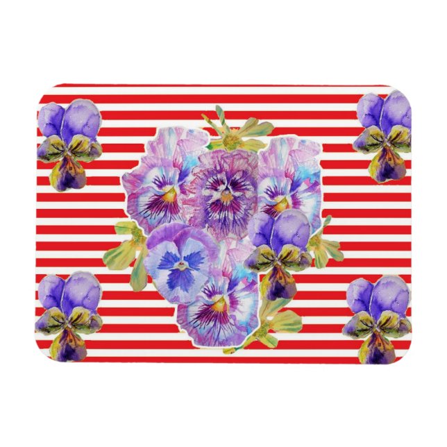 Shabby Chic Pink Pansy Floral Red Stripe Magnet (Horizontal)