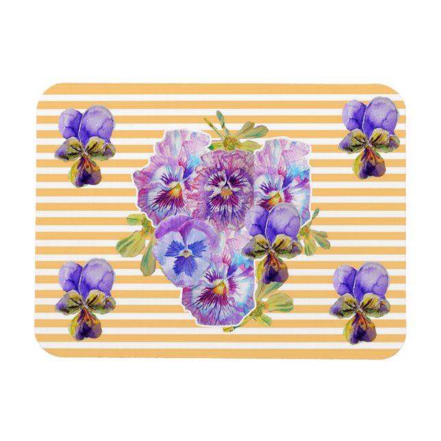 Shabby Chic Pink Pansy Floral Yellow Stripe Magnet (Horizontal)
