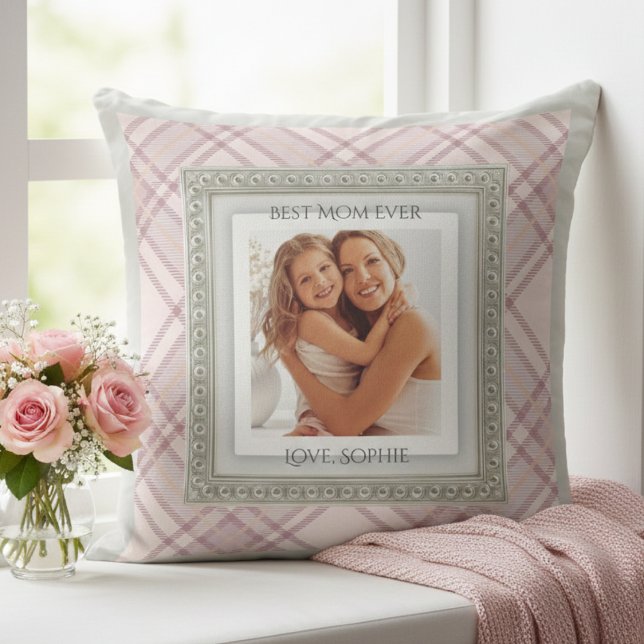 Shabby Chic Pink Plaid Best Mom Ever Photo Cushion (Gift Mom a hug she can keep forever with a shabby chic photo keepsake pillow)