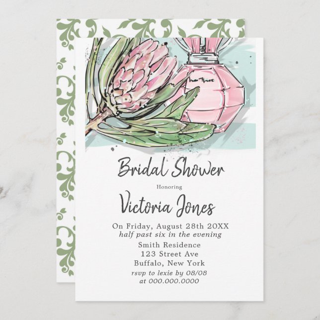 Shabby Chic Pink Protea Perfume Bridal Shower Invitation (Front/Back)