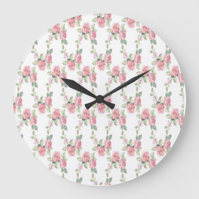 Shabby Chic Pink Rose Floral Large Clock (Front)