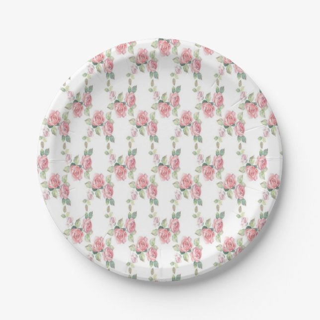 Shabby Chic Pink Rose Floral Paper Plate (Front)