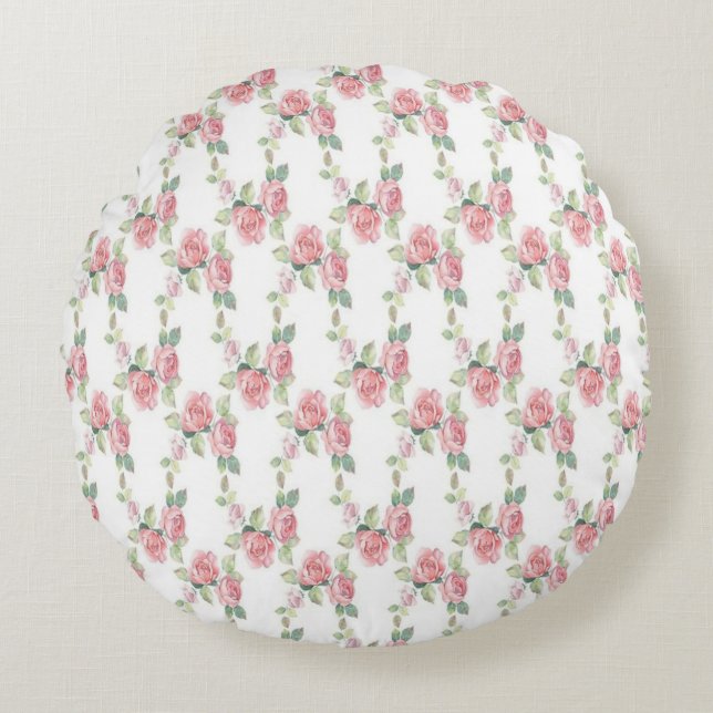 Shabby Chic Pink Rose Floral Round Cushion (Front)