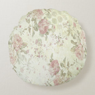Shabby Chic Pink Rose Floral Round Pillow