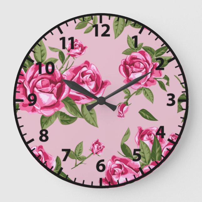 Shabby Chic Pink Rose Pattern Roses Large Clock (Front)