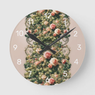 Shabby Chic Pink Rose Vines Floral Elegant Round Clock