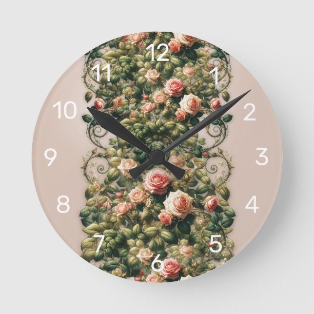 Shabby Chic Pink Rose Vines Floral Elegant Round Clock (Front)