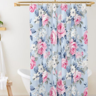 Shabby chic pink roses and white flowers pattern shower curtain