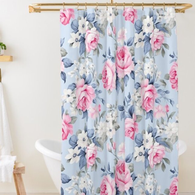 Shabby chic pink roses and white flowers pattern shower curtain (Creator Uploaded)