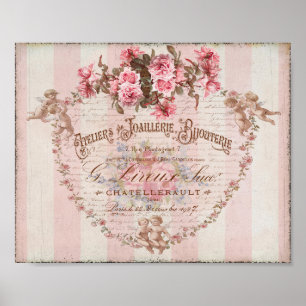 Shabby Chic Pink Roses Cupids French Script Poster