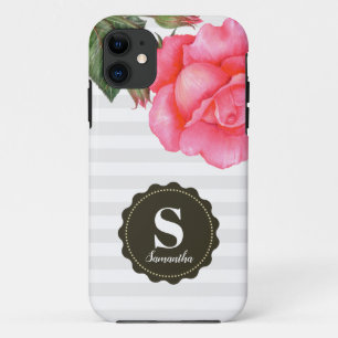 Shabby Chic Pink Roses Grey White Stripes Pattern iPhone 11 Case