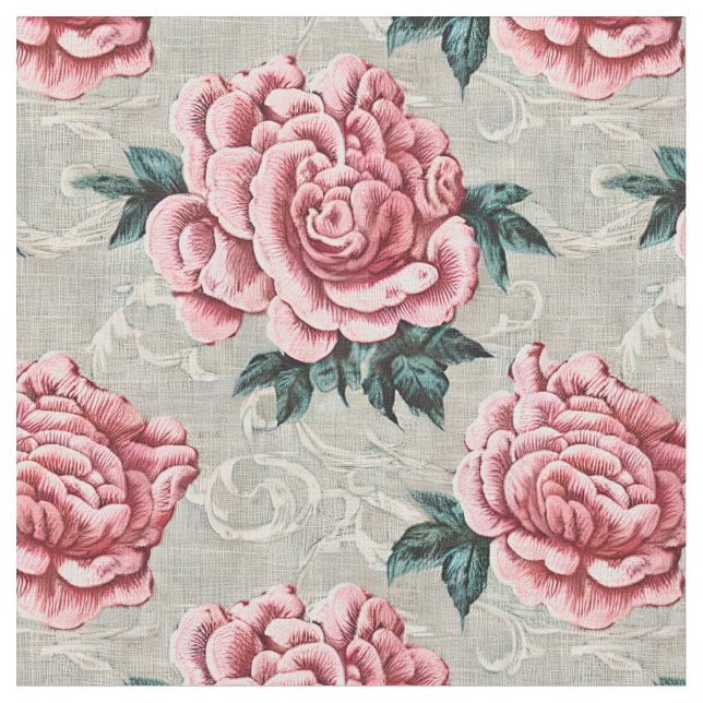 Shabby Chic Pink Roses on a neutral background Fabric (Close Up)