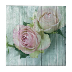 Shabby Chic Pink Roses On Blue Wood Ceramic Tile