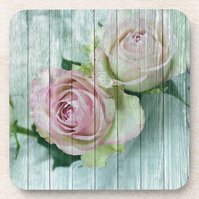 Shabby Chic Pink Roses On Blue Wood Coaster (Front)