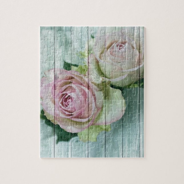 Shabby Chic Pink Roses On Blue Wood Jigsaw Puzzle (Vertical)