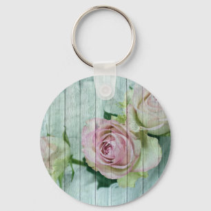 Shabby Chic Pink Roses On Blue Wood Key Ring