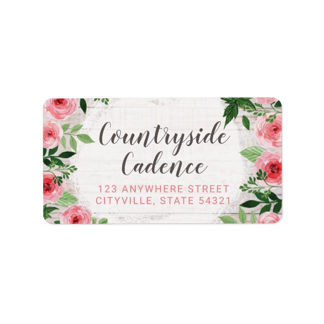 Shabby Chic Pink Roses on Rustic Country Barn Wood Label (Front)