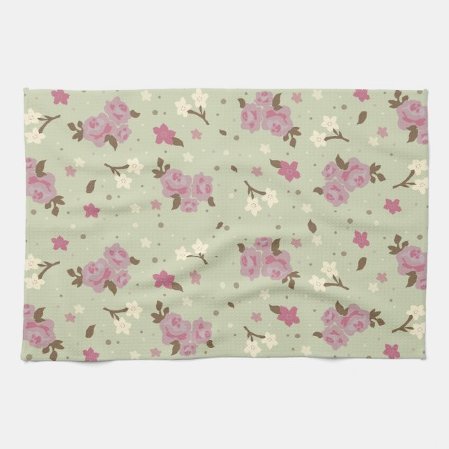 Shabby Chic Pink Roses Pattern Tea Towel (Horizontal)