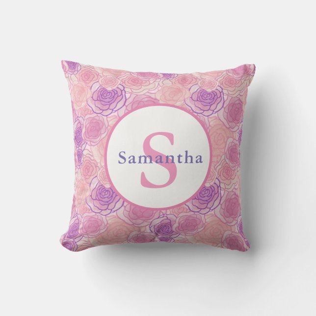 Shabby Chic Pink Roses Personalised Monogram Cushion (Front)
