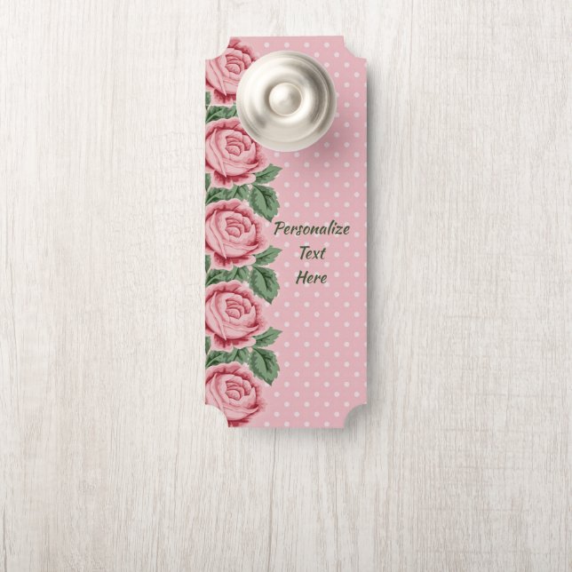 Shabby & Chic Pink Roses Polka Dots Personalised Door Hanger (On Knob)