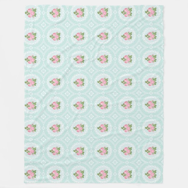Shabby Chic Pink Roses Teal Large Fleece Blanket (Front)