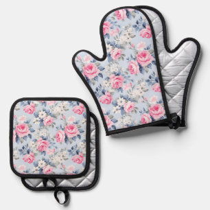 Shabby chic pink roses white flowers pattern oven mitt & pot holder set
