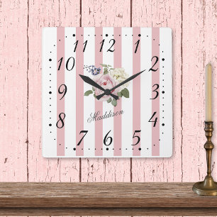 Shabby Chic Pink Striped Rose Bouquet Monogrammed Square Wall Clock