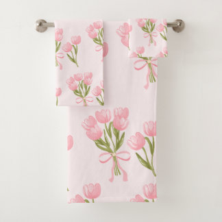 Shabby Chic Pink Tulip Bouquet Floral Bath Towel Set