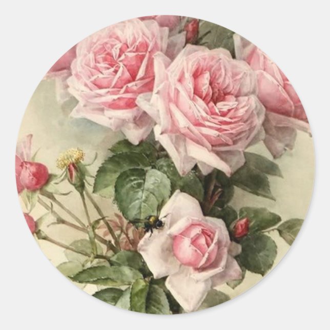 Shabby Chic Pink Victorian Roses Classic Round Sticker (Front)