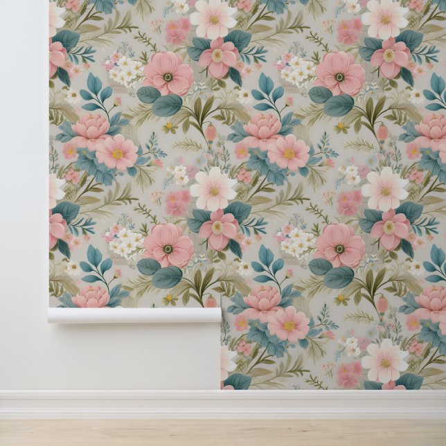 Shabby Chic Pink White Poppies Wallpaper (Application)