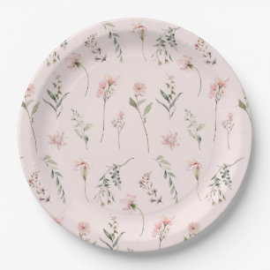 Shabby chic pink wildflower sage green greenery paper plate