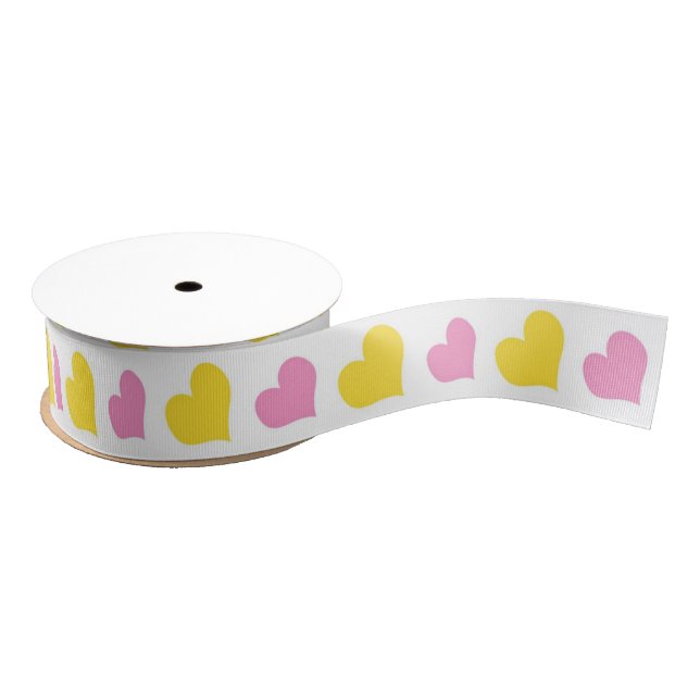 Shabby Chic Pink & Yellow Hearts Grosgrain Ribbon (Spool)