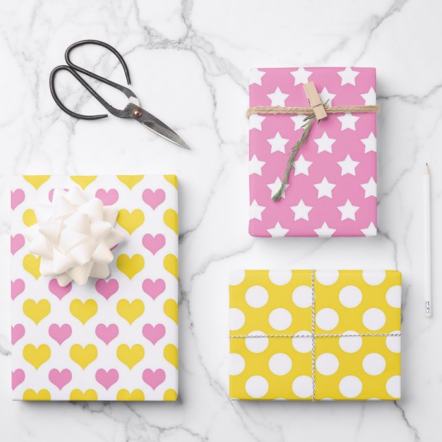 Shabby Chic Pink & Yellow Matching Patterns Wrapping Paper Sheet (Front)