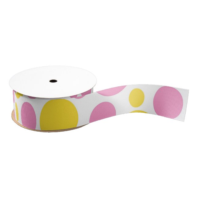 Shabby Chic Pink & Yellow Polka Dots Grosgrain Ribbon (Spool)