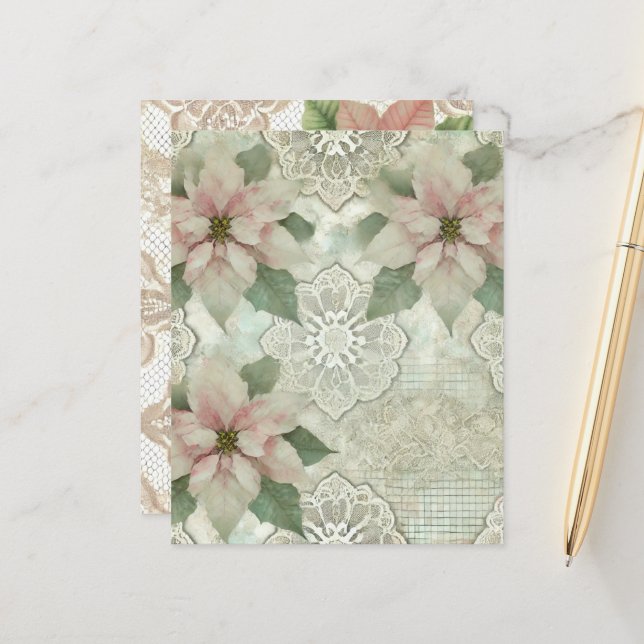 Shabby Chic Poinsettia and Lace Scrapbook Paper (Front/Back In Situ)