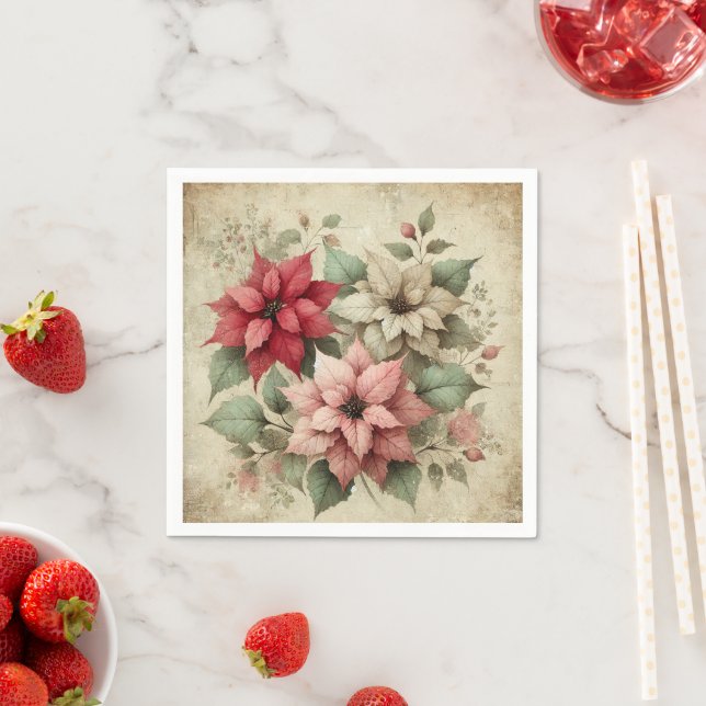 Shabby Chic Poinsettias on Linen Decoupage Napkins (Insitu)
