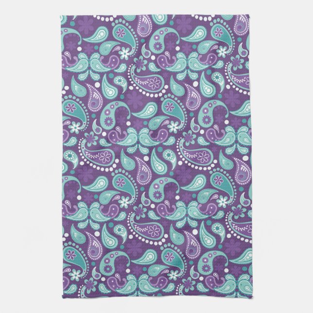 Shabby Chic Purple and Light blue Paisley Pattern Tea Towel (Vertical)