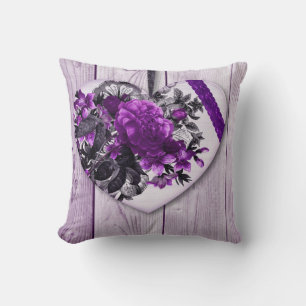 Shabby Chic Purple Floral Heart  On Lilac Wood Cushion