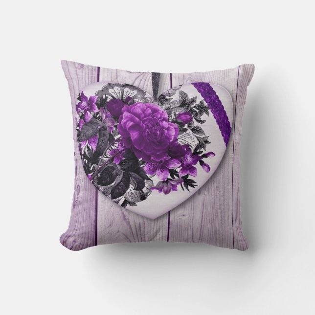 Shabby Chic Purple Floral Heart  On Lilac Wood Cushion (Front)